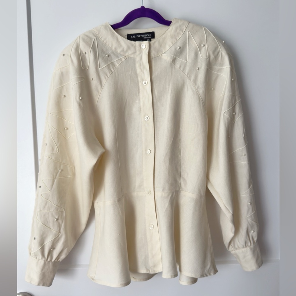 Vintage I.B. Diffusion 100% Linen Peplum Blouse Made in Hong Kong